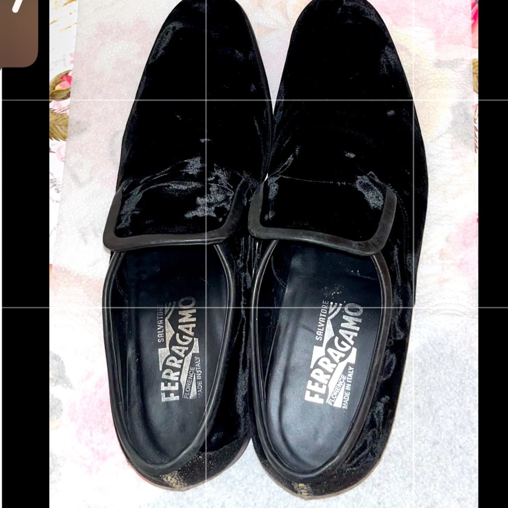 Black soft suede Salvatore Ferragamo dress shoes with rhinestone on the back